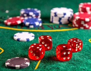 Casino dice and chips on a green felt table