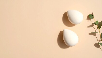 Two white makeup sponges on a beige surface with eucalyptus sprigs