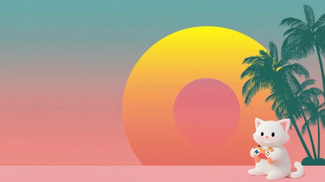 A whimsical scene featuring a cute white cat holding a donut against a vibrant sunset backdrop with palm trees, creating a playful and colorful atmosphere. Framing: wide.
