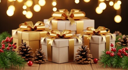Festive holiday arrangement showcases various gift boxes adorned with elegant gold ribbons and bows, resting on a rustic wooden surface, surrounded by pine cones, vibrant red berries, and lush...