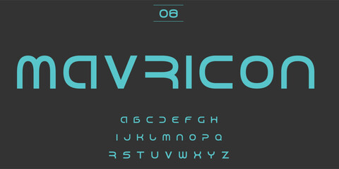 Modern futuristic font display with alphabet and numbers on dark background