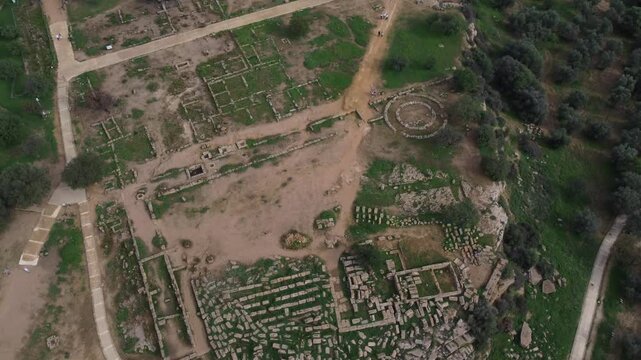 Drone footage of Valle dei Templi in Agrigento, Sicily, highlighting the Temple of Concordia, Temple of Juno, Temple of Heracles, Temple of Olympian Zeus, and Castor and Pollux.
