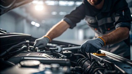 Auto mechanic using wrench to repair car engine inside professional workshop
