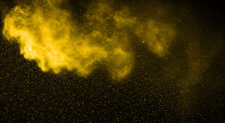 Golden dust explosion on a black background, abstract fractal art backdrop