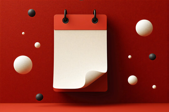 3D red calendar with blank white page and floating spheres on red background modern abstract concept illustration for time management planning and scheduling. - Powered by Adobe