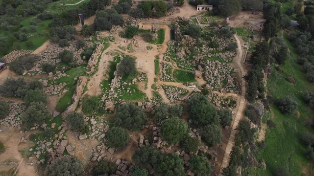 Drone footage of Valle dei Templi in Agrigento, Sicily, highlighting the Temple of Concordia, Temple of Juno, Temple of Heracles, Temple of Olympian Zeus, and Castor and Pollux.