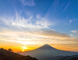 Sunrise over Mount Fuji with vibrant clouds