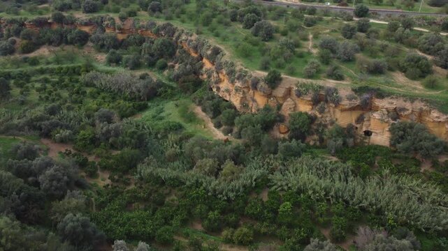Drone footage of Valle dei Templi in Agrigento, Sicily, highlighting the Temple of Concordia, Temple of Juno, Temple of Heracles, Temple of Olympian Zeus, and Castor and Pollux.