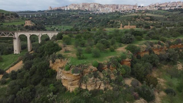 Drone footage of Valle dei Templi in Agrigento, Sicily, highlighting the Temple of Concordia, Temple of Juno, Temple of Heracles, Temple of Olympian Zeus, and Castor and Pollux.
