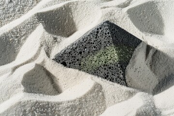 A dark, porous pyramid partially submerged in white sand, its surface textured and speckled with lighter green tones, casts shadows within the undulating sand dunes