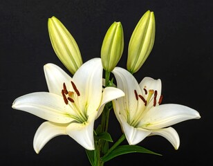Naklejka premium Close-up of three white lilies with buds against a black background