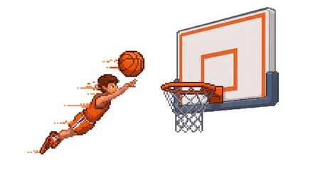 Pixel Art Basketball Hoop and Ball with Motion Glow in Retro 8-Bit Style
