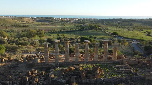 Drone footage of Valle dei Templi in Agrigento, Sicily, highlighting the Temple of Concordia, Temple of Juno, Temple of Heracles, Temple of Olympian Zeus, and Castor and Pollux.