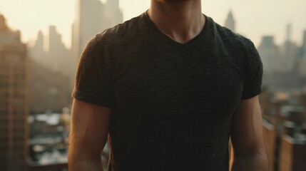 A man in a dark t-shirt stands on a rooftop with a city skyline blurred in the background during golden hour