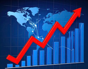 Global growth chart with rising red arrow and blue bars