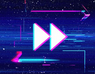 Digital play button, glitch art, vibrant colors