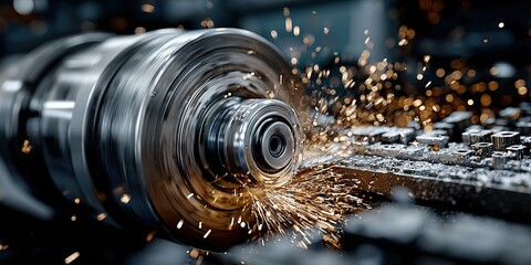 Detailed view of metal grinding on a rotating industrial machine brilliant sparks flying
