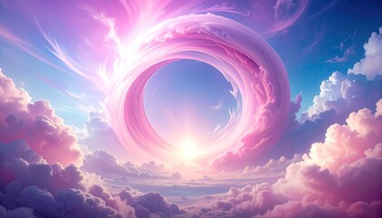 A vibrant, ethereal ring of soft pink and purple clouds surrounds a radiant sunrise
