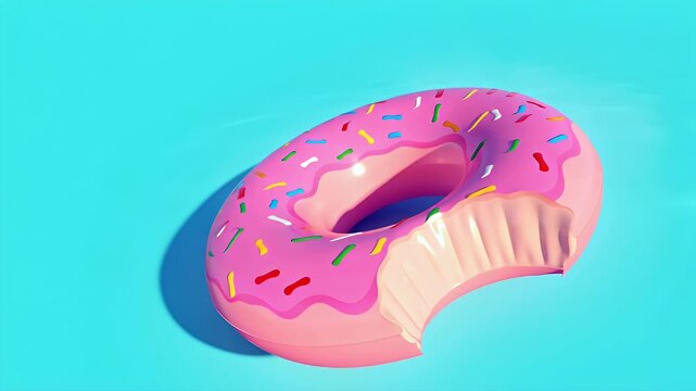 Minimalist View of a Giant Pink Sprinkled Donut Pool Float Featuring a Large Bite Mark Floating on Turquoise Water