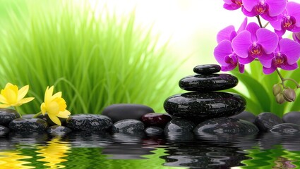 Serene Zen Garden: Stacked Stones, Orchids, and Water Reflection