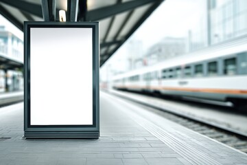 A blank billboard at a modern train station platform with a train passing by in the background, ready for advertising or public information