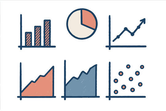 Collection of hand drawn business data charts and graphs for financial analytics, market reporting, and statistical analysis