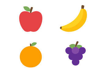 Colorful collection of fresh ripe fruits including a vibrant red apple, yellow banana, round orange citrus, and a bunch of purple grapes