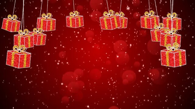 Christmas Gift Boxes Hanging animation with falling snowflakes in red background, Seamlessly Loopable