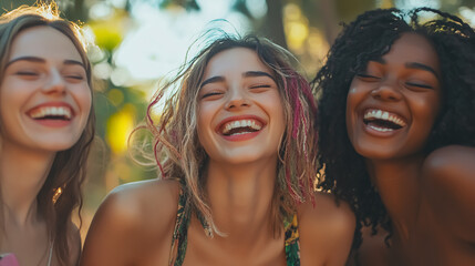 Fototapeta premium A portrait of a happy, multiethnic group of smiling female friends, laughing and enjoying a sunny day in the park.