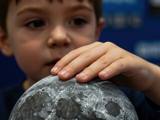 A young child's hand gently rests on a detailed model of the moon, with the child's face blurred in the background, captivated by the object.