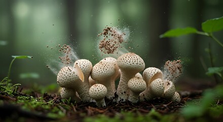 Puffball Mushroom Spores Release in Forest