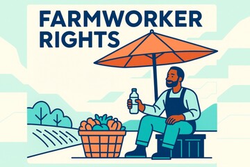 Farmworker sitting under umbrella holding water bottle with vegetables beside him on a light countryside background, promoting rights concept. Ai generative