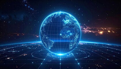 Abstract Glowing Sphere with Luminous Dots and Geometric Lines in Dark Background Sci Fi Digital Display