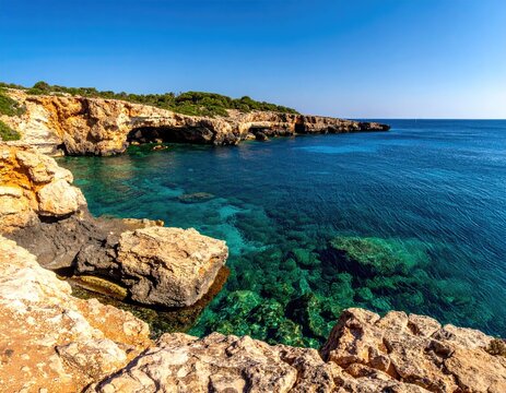 Sunny coastal scenery with turquoise water, rocky cliffs, and caves - Powered by Adobe