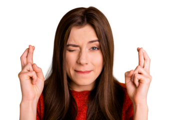 Close up photo of worried troubled desparate girlfriend with fingers crossed blinking with one eye under pressure hoping for good mark at university isolated over vivid color background