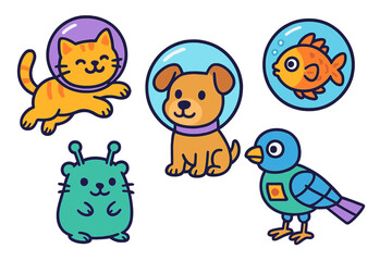 Playful cartoon animals and a friendly alien character wearing space helmets and floating in bubbles