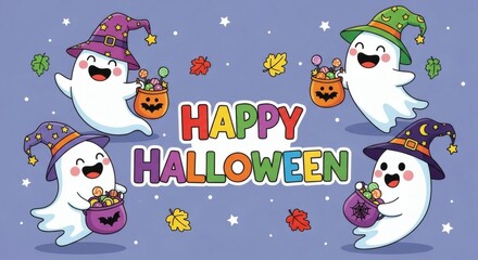Adorable cartoon ghosts celebrating with candy buckets for a festive and joyful Happy Halloween illustration, perfect for holiday greetings and party invitations