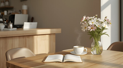 Open book, steaming coffee cup, and flowers in a vase on a wooden table in a cafe setting.