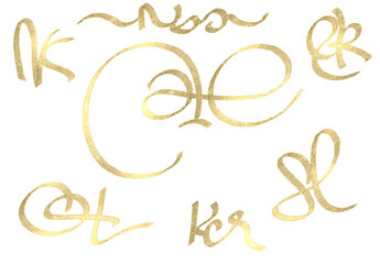 Elegant hand drawn golden calligraphy letters or monograms unique decorative art design isolated on transparent background Hand Draw
