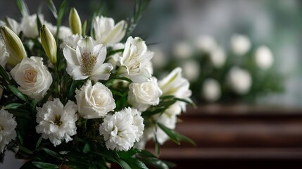 A solemn and elegant bouquet of white roses lilies and other blossoms set against a soft blurred background evoking peace and remembrance