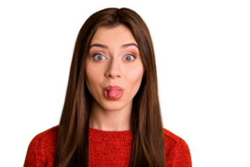 Close up photo of cheerful cute charming gorgeous sweet pretty girl sticking her tongue out to tease you isolated over yellow vivid color background