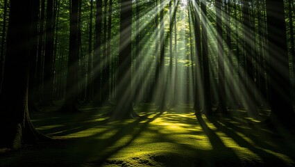 Sunbeams pierce the dense forest canopy, illuminating the vibran