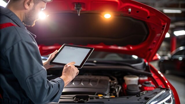 Auto mechanic using digital tablet for car diagnostics in repair shop with hood open
