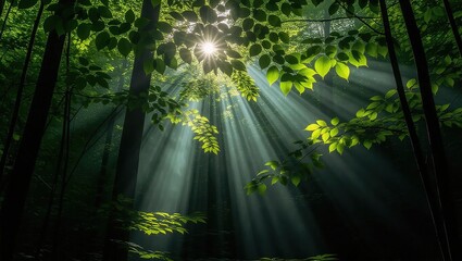 Sunburst Through Forest Canopy: Beams of Light Filtering Through