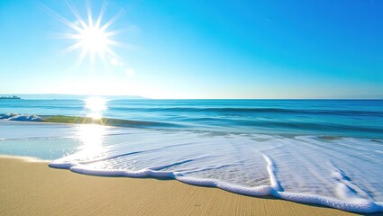 Sunburst over Gentle Waves on a Golden Beach, Serene Coastal Sce