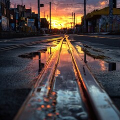 Gleaming Metal Railway Tracks Reflecting Dramatic Golden Sunset in Urban Setting
