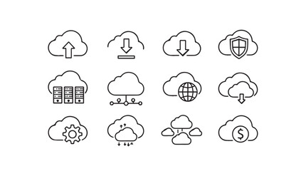 Set of cloud computing icons representing upload download security data and more vector