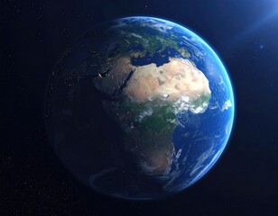 Earth from space, detailed view of continents, Africa centered, illuminated by sunlight