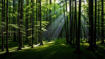 Sunlit Forest Floor: Tall Trees and Rays of Light in a Green Woo