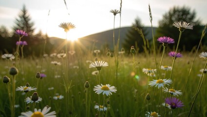 Sunlit Meadow: Daisies and Asters Glow in Golden Hour Field